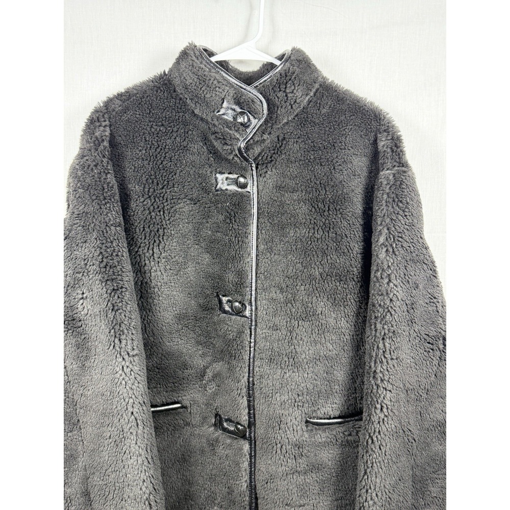 GAP Recycled Sherpa Vegan Leather Trim Jacket Womens L Black Cozy Coat - Picture 3 of 15